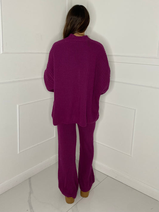 Oversized Knit Cardigan & Wide Leg Set - Purple