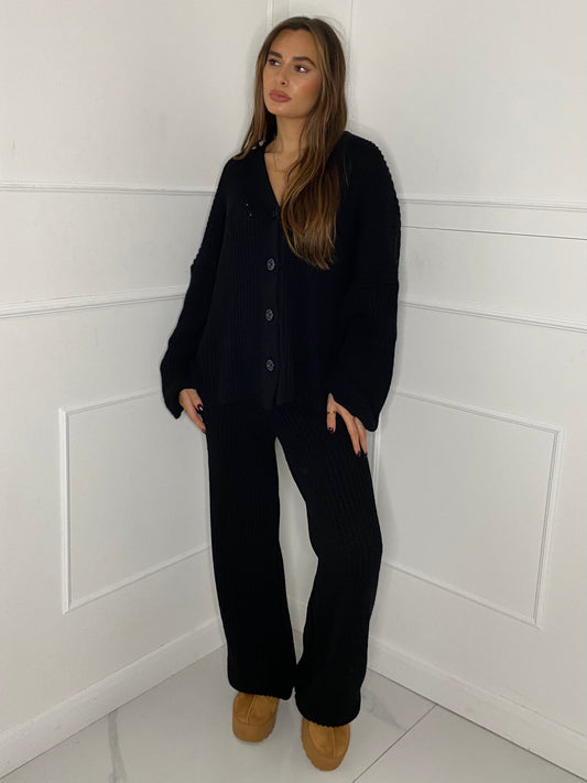 Oversized Knit Cardigan & Wide Leg Set - Black