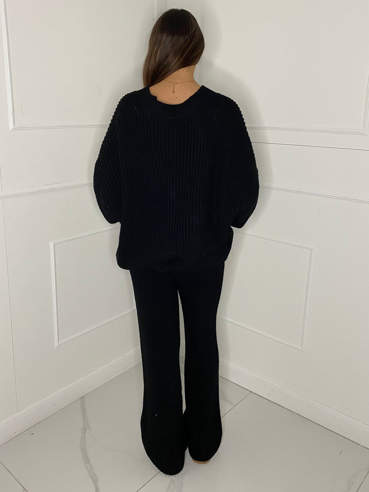Oversized Knit Cardigan & Wide Leg Set - Black
