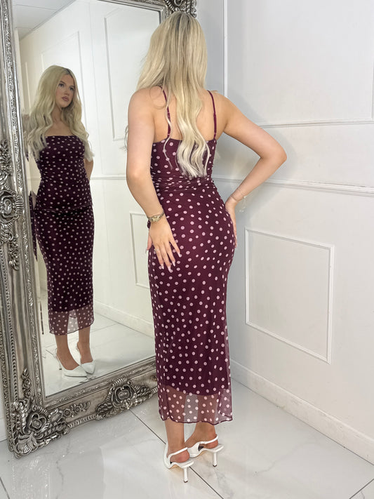 Polka Dot Midi Dress - Wine/Pink