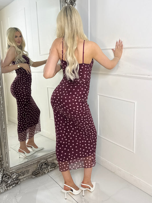 Polka Dot Midi Dress - Wine/Pink