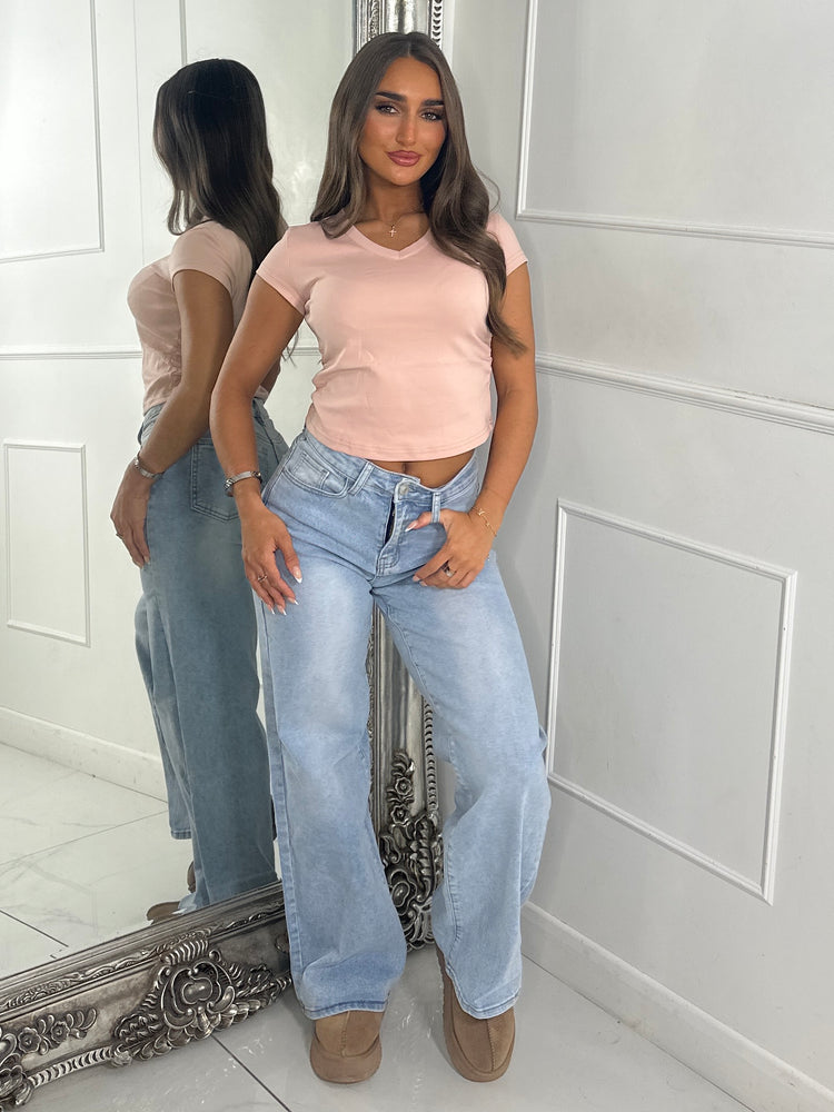 V Neck Short Sleeve Soft Touch Crop Top - Dusky Pink