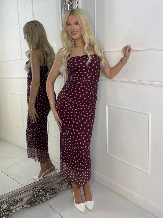 Polka Dot Midi Dress - Wine/Pink