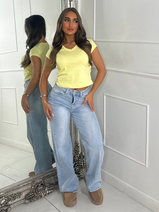 V Neck Short Sleeve Soft Touch Crop Top - Yellow