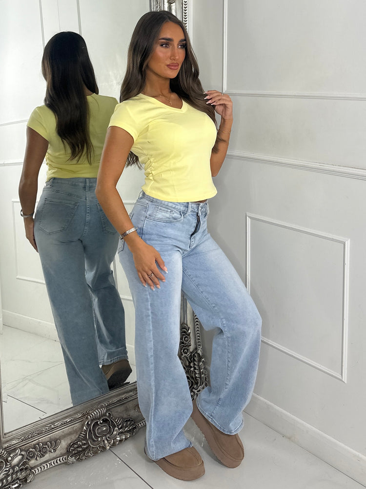 V Neck Short Sleeve Soft Touch Crop Top - Yellow