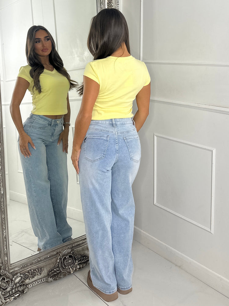 V Neck Short Sleeve Soft Touch Crop Top - Yellow