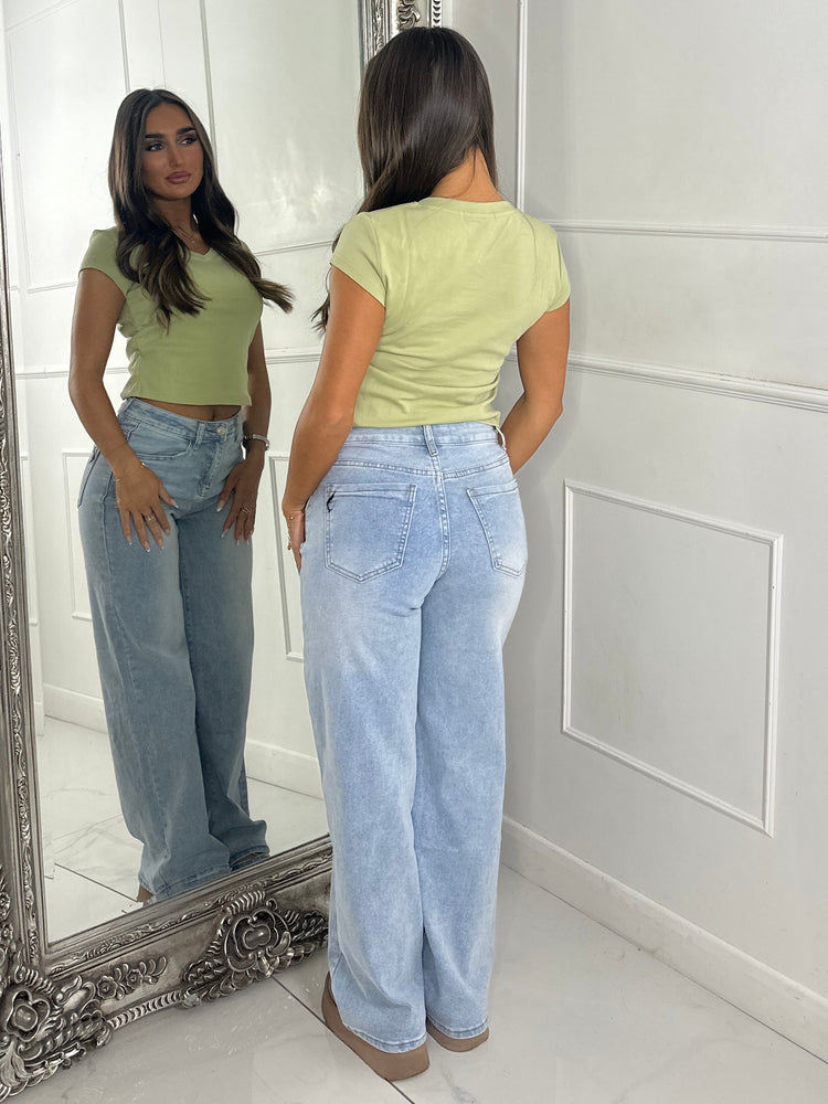 V Neck Short Sleeve Soft Touch Crop Top - Sage Green