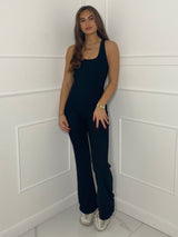 Open Back Ribbed Flared Jumpsuit - Black