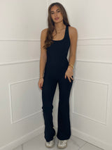 Open Back Ribbed Flared Jumpsuit - Black