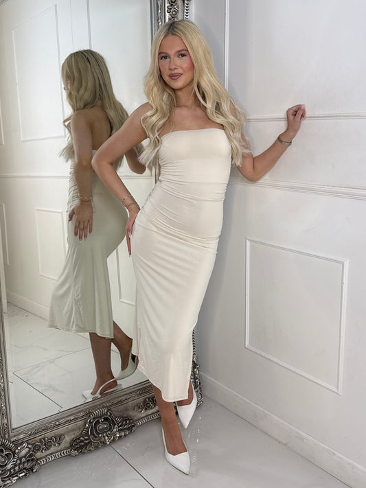 Ruched Detail Side Slit Midi Dress - Beige