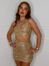 One Shoulder Cut Out Sequin Dress - Gold