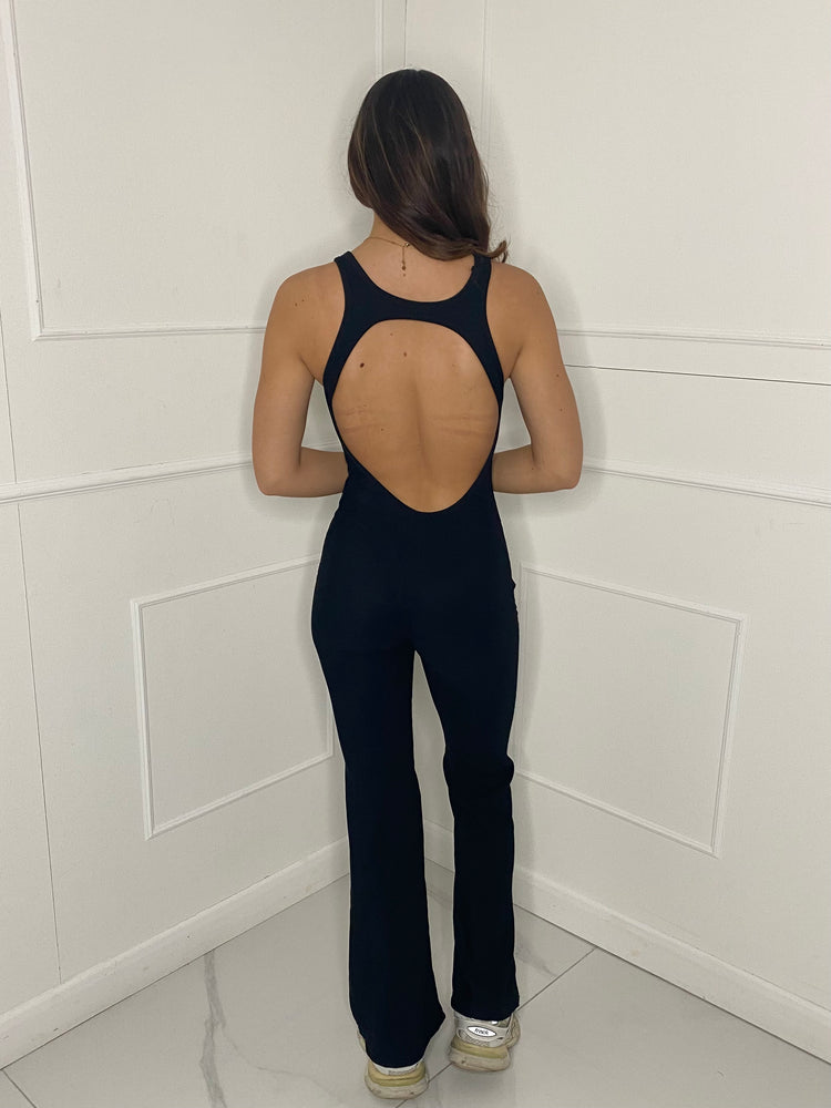 Open Back Ribbed Flared Jumpsuit - Black