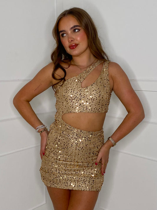 One Shoulder Cut Out Sequin Dress - Gold