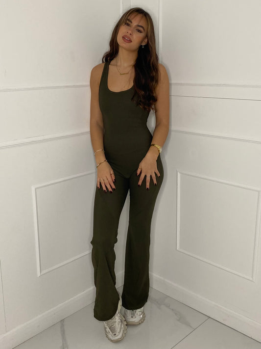 Open Back Ribbed Flared Jumpsuit - Khaki