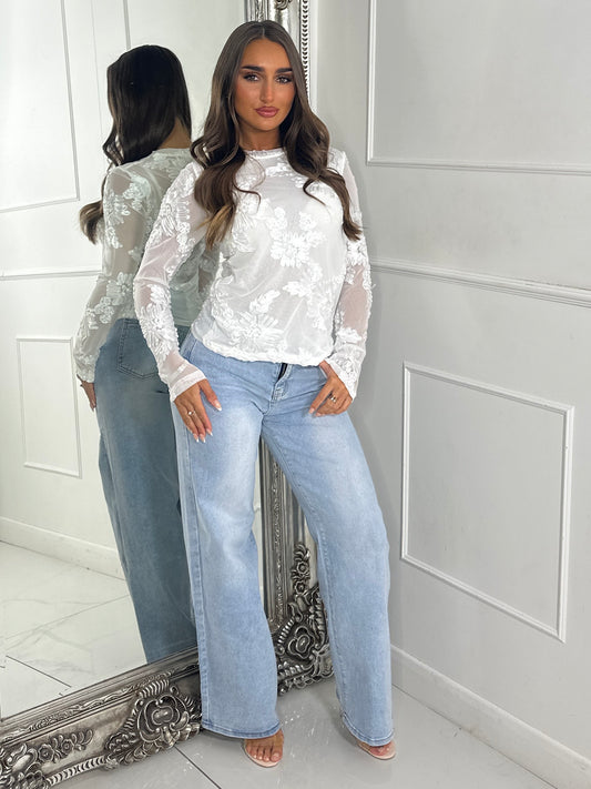 3D Flower Textured Mesh Long Sleeve Top - White