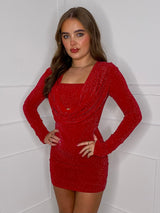Cowl Neck Glitter Dress - Red