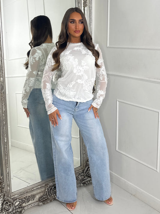 3D Flower Textured Mesh Long Sleeve Top - White