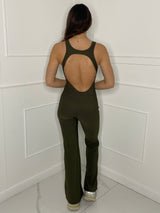 Open Back Ribbed Flared Jumpsuit - Khaki