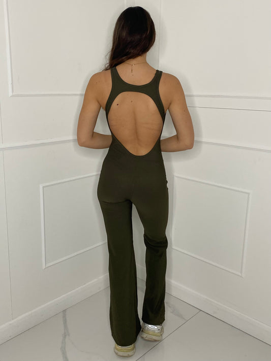 Open Back Ribbed Flared Jumpsuit - Khaki