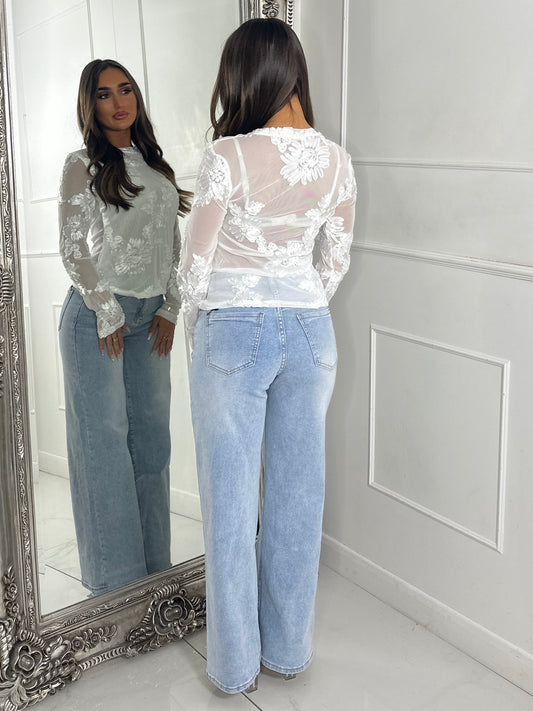 3D Flower Textured Mesh Long Sleeve Top - White