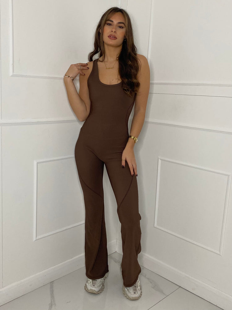 Open Back Ribbed Flared Jumpsuit - Brown