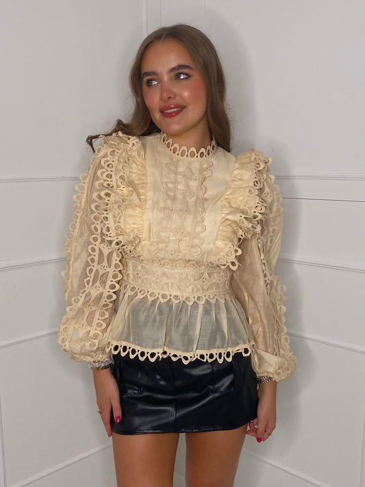 Lace Detail Frill Top - Beige