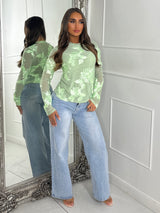 3D Flower Textured Mesh Long Sleeve Top - Mint Green