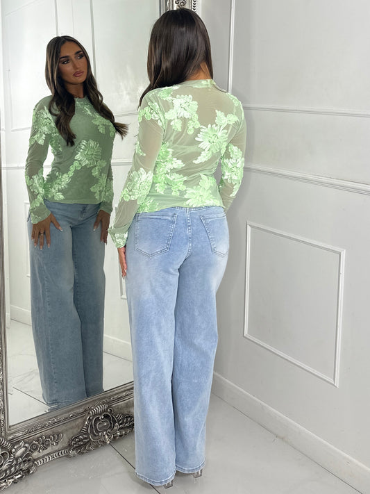 3D Flower Textured Mesh Long Sleeve Top - Mint Green