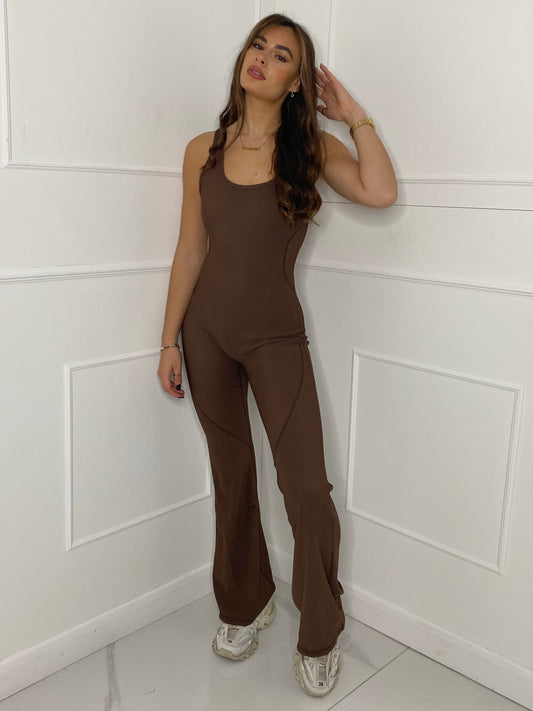 Open Back Ribbed Flared Jumpsuit - Brown