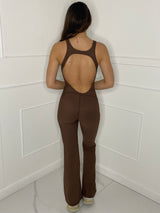 Open Back Ribbed Flared Jumpsuit - Brown