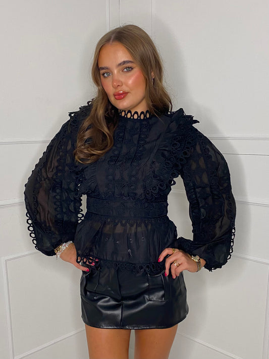 Lace Detail Frill Top - Black