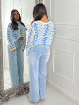 Patterned Crochet Long Sleeve Crop Top - Blue