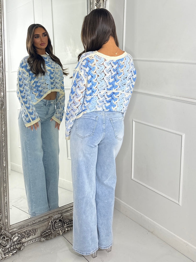 Patterned Crochet Long Sleeve Crop Top - Blue