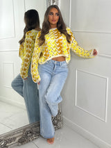 Patterned Crochet Long Sleeve Crop Top - Yellow