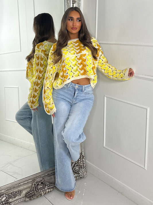 Patterned Crochet Long Sleeve Crop Top - Yellow