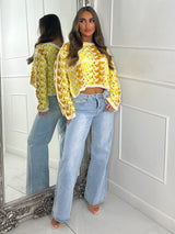 Patterned Crochet Long Sleeve Crop Top - Yellow