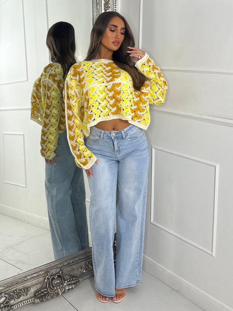 Patterned Crochet Long Sleeve Crop Top - Yellow