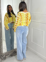 Patterned Crochet Long Sleeve Crop Top - Yellow