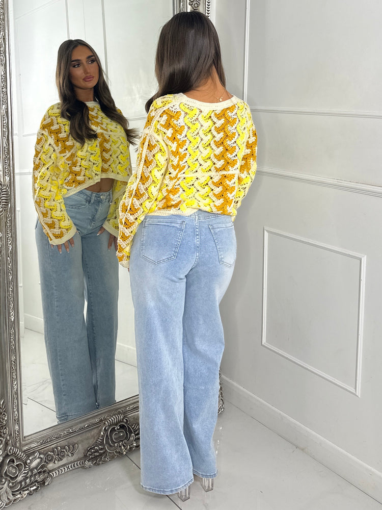 Patterned Crochet Long Sleeve Crop Top - Yellow