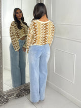 Patterned Crochet Long Sleeve Crop Top - Beige