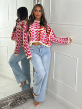 Patterned Crochet Long Sleeve Crop Top - Pink