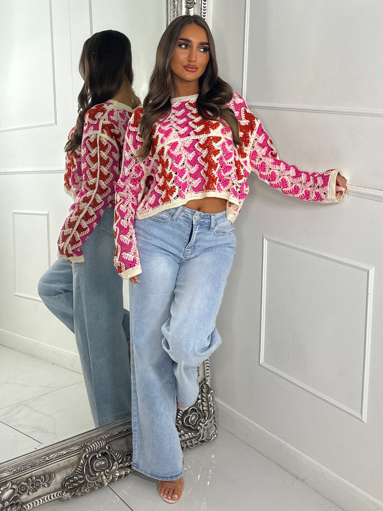 Patterned Crochet Long Sleeve Crop Top - Pink