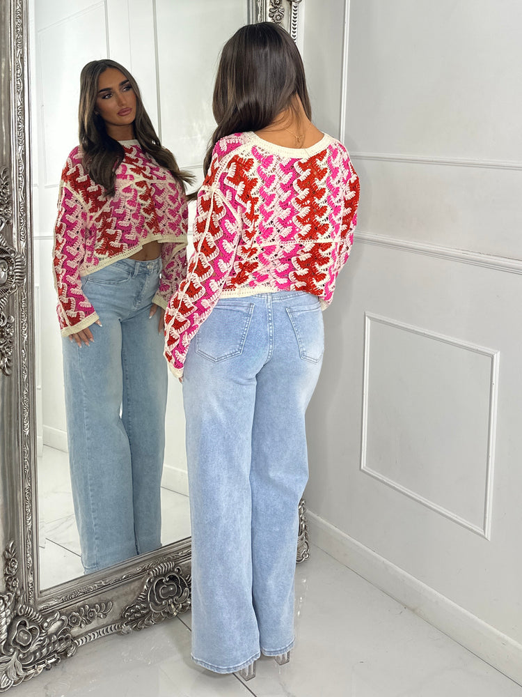 Patterned Crochet Long Sleeve Crop Top - Pink