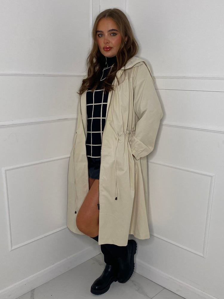 Drawstring Detail Hooded Trench Coat - Cream