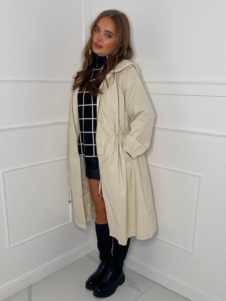 Drawstring Detail Hooded Trench Coat - Cream