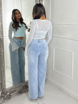 Frill V Neck Gold Button Detail Lace Crop Top - Baby Blue