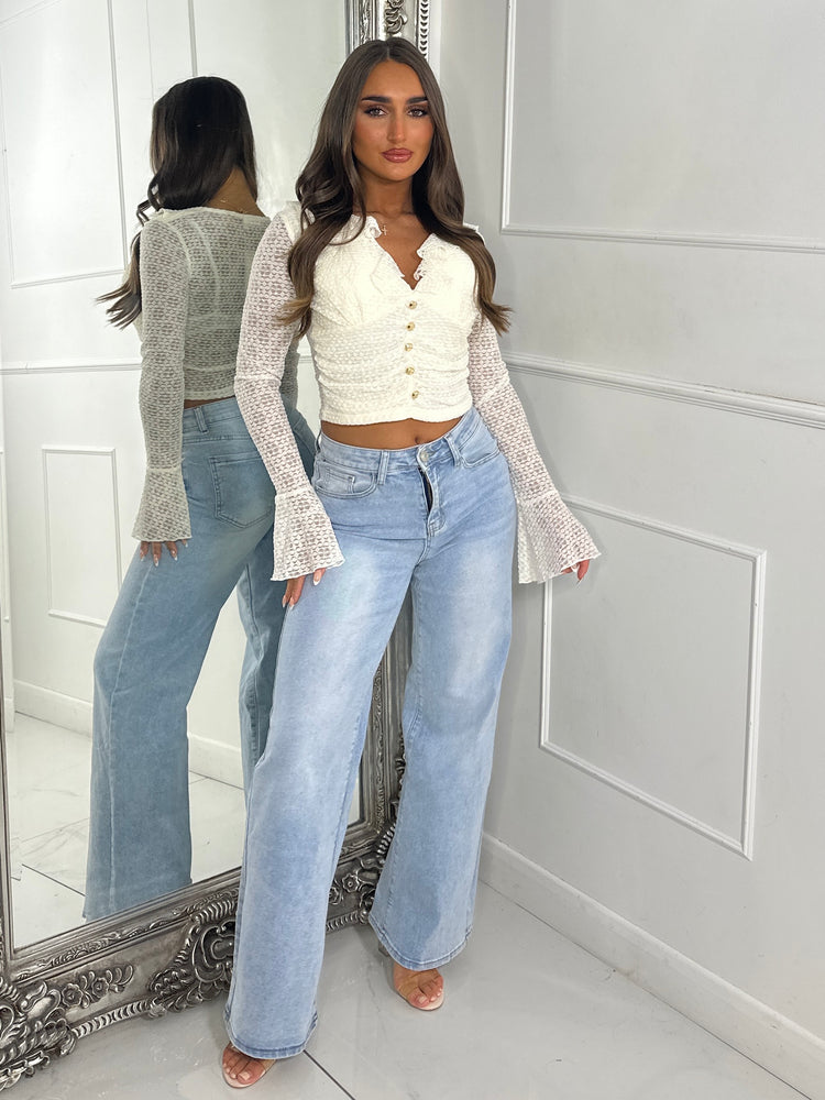 Frill V Neck Gold Button Detail Lace Crop Top - Cream