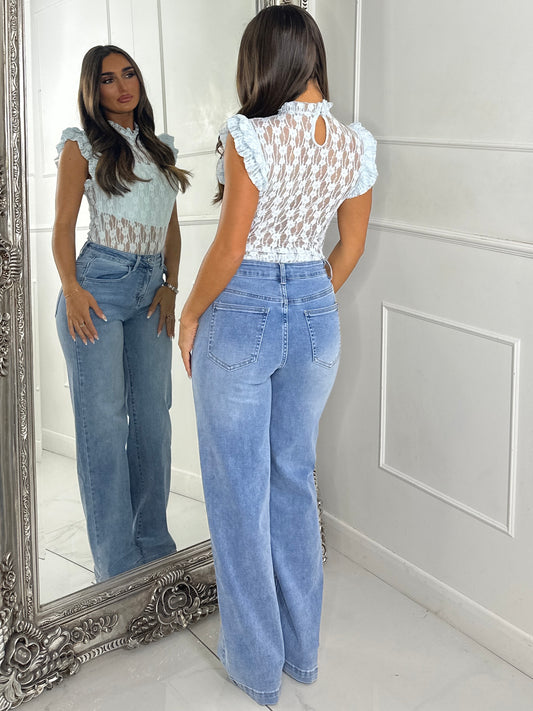 Frill Shoulder Lace Bodysuit With Bandeau Underlayer - Baby Blue