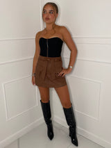 PU Leather Tied Waist Skort - Brown