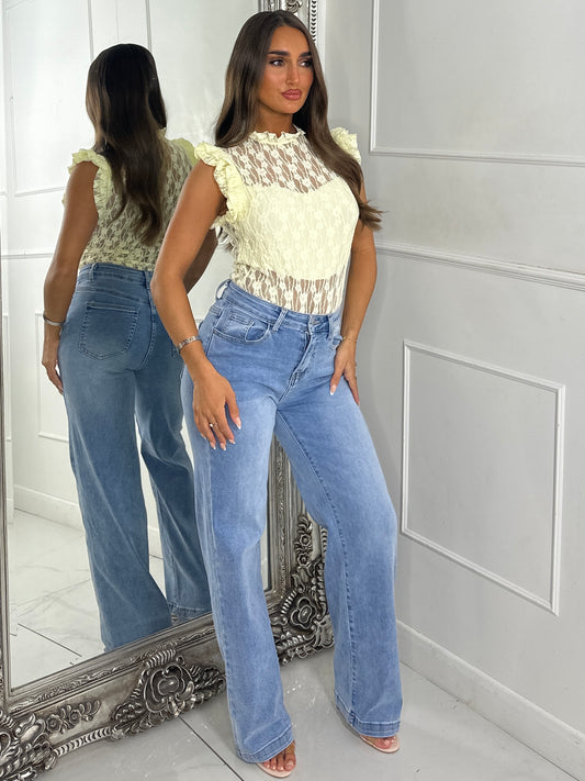 Frill Shoulder Lace Bodysuit With Bandeau Underlayer - Lemon Yellow